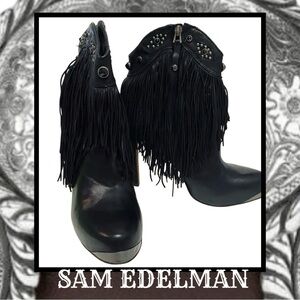 SAM EDELMAN Black Leather Bootie Fringe Heel Platform Bootie 9.5 NEW